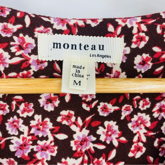 Monteau Brown Pink Floral Belted Pocket V-Neck Mid Dress M - Picture 6 of 7
